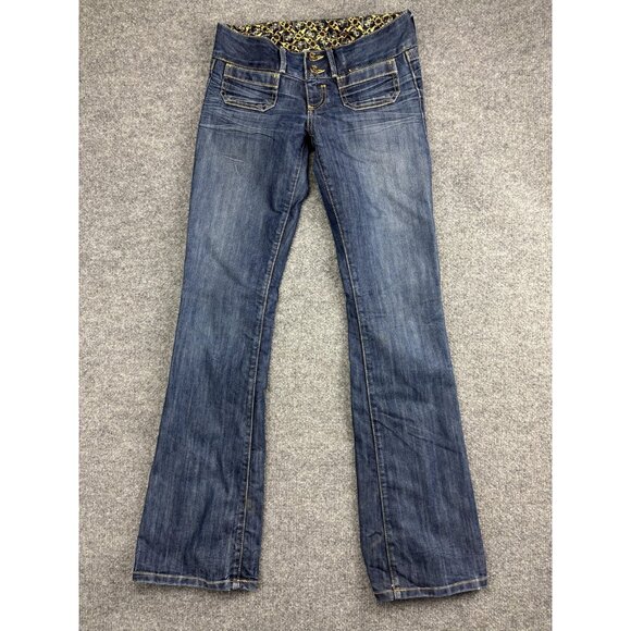 Guess Premium Jeans Womens 26 Blue Bootcut Low Rise Denim Gold Button Distressed - Picture 1 of 10